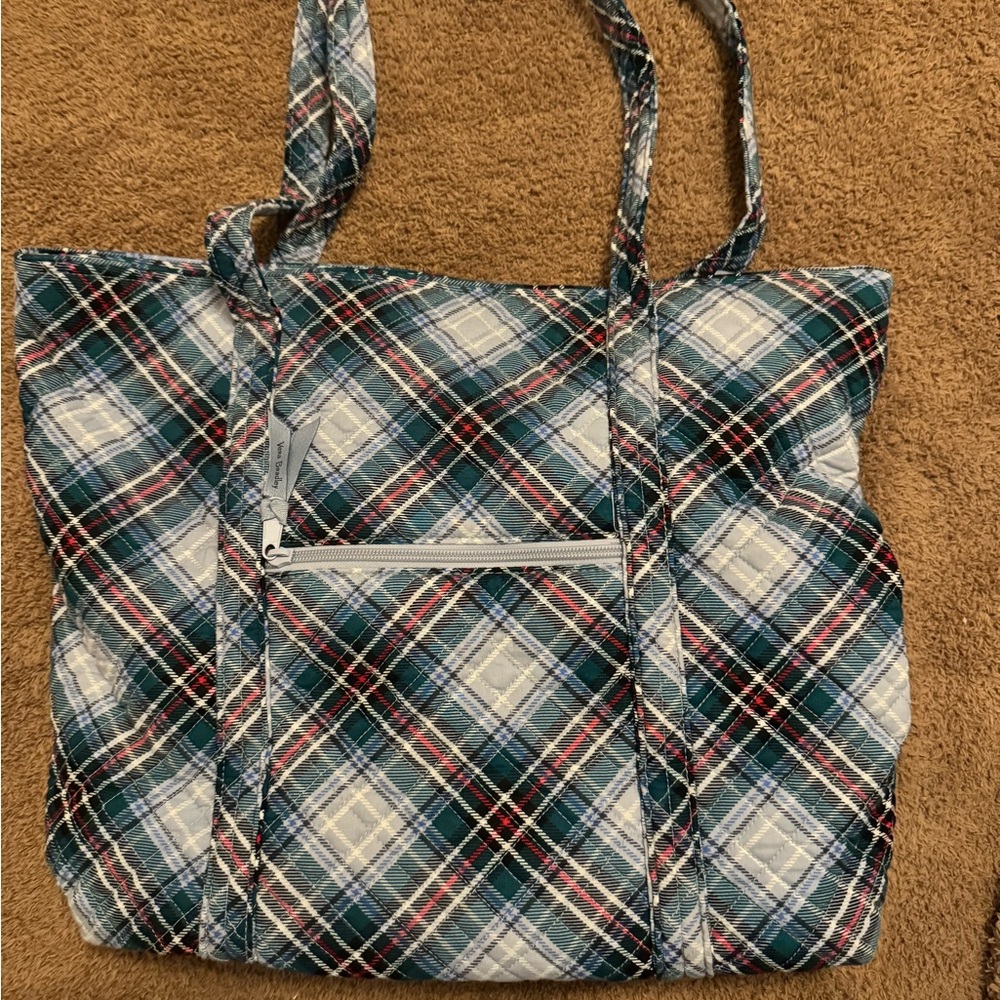 Vera Bradley Holiday Plaid Tote Bag - Blue and White and Green